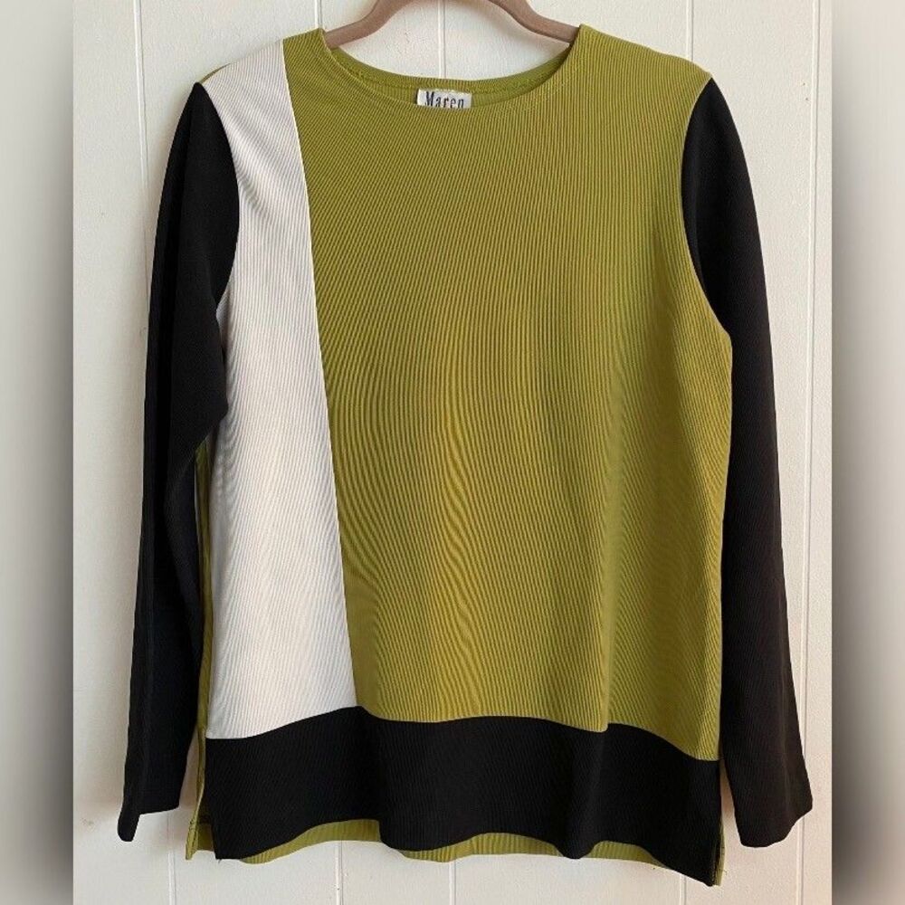 Maren Blouse Women’s Medium Green Black White Color Block Ribbed Stretch Vintage
